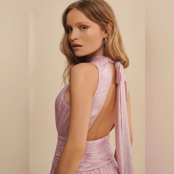 Anthropologie x BHLDN Juniper Metallic Tiered Backless High-Neck Gown